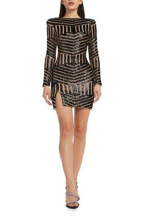 Dress The Population Nathalia Sequin Directional Stripe Long Sleeve Cocktail Minidress in Black/Beige at Nordstrom Rack, Size Xx-Small