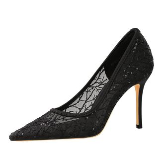 Generic Women Pointed Toe High Heels Sexy Pumps Stiletto 9CM Sequins Black Lace Mesh for Bride Prom Party (3.5)