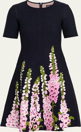 Oscar De La Renta Foxglove Jacquard Knit Short-Sleeve Mini Dress