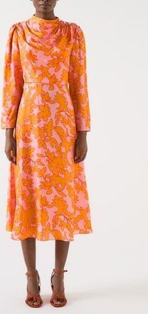 L.k. Bennett Samantha Floral Print Long Sleeve Midi Dress in Multi-Orange at Nordstrom Rack, Size 14 Us / 18 Uk