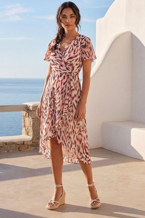 Roman Womens Leopard Ruffle Front Dress - Brown - Size 18 UK