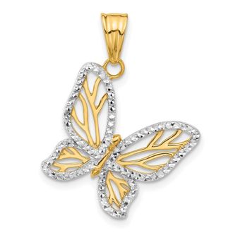 Diamond2Deal 14k Yellow Gold White Rhodium Diamond-Cut Butterfly Pendant
