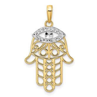 Diamond2Deal 14k Yellow Gold White Rhodium Diamond-Cut Evil Eye Hamsa Pendant