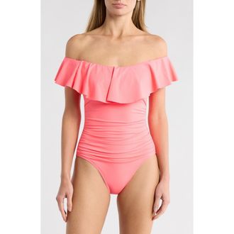 La Blanca Off the Shoulder Ruffle One-Piece Swimsuit in Coral Reef at Nordstrom Rack, Size 14