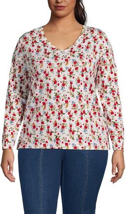 Lands End Supima Cotton Long Sleeve V-Neck T-Shirt in Ivory Mini Poppy Floral at Nordstrom, Size 1X
