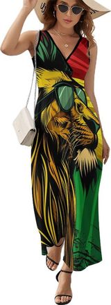 Generic Jamaican Lion Flag Womens Summer Sleeveless Dress Sexy V Neck Maxi Dresses Casual Sundress Swing Dress for Beach 2XL