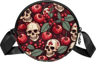 Generic Circle Crossbody Bag for Women, Cherry Skulls Small Sling Bag Daypack with Zipper Adjustable Shoulder Straps Casual Ladies Girls Round Purse