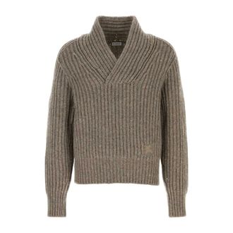 Burberry V-neck Knitwear, male, Gray, Size: M Shawl Collar Wool Sweater