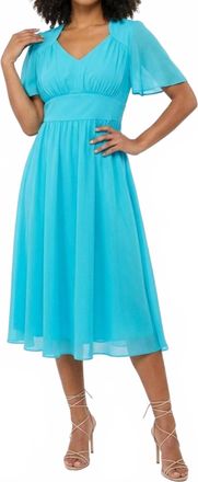 Gabby Skye Chiffon Flutter-Sleeve Midi Party Dress In Turquoise