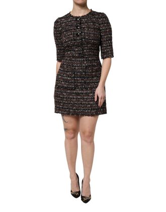 Dolce & Gabbana Womens Brown Tweed Short Sleeves A-Line Mini Dress