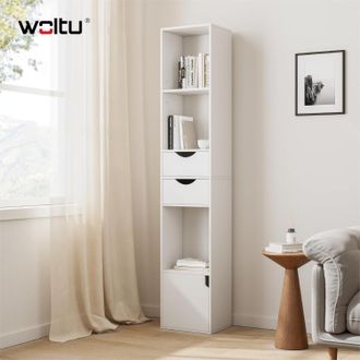 Woltu Woltu - Estanter&iacute;a Para Libros De Pie Librer&iacute;a Vertical Con 3 Compartimentos Abiertos 2 Cajones Y 1 Armario Libreria Blanca De Almacenaje Para Oficina
