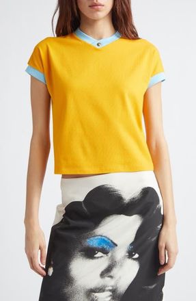Versace Cotton Ringer V-Neck T-Shirt in Yellow Azure Blue at Nordstrom, Size 36