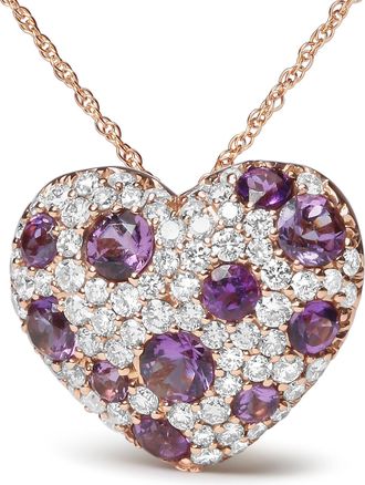 House of Brilliance 18K Rose Gold 3/4 Cttw Diamond and Purple Amethyst Cluster Heart Shape 18 Pendant Necklace