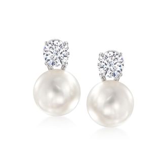 Ross-Simons Italian 10.5-11mm Cultured Pearl and CZ Drop Earrings in Sterling Silver