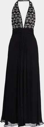 Ramy Brook Martina Embellished Deep V-Neck Halter Gown