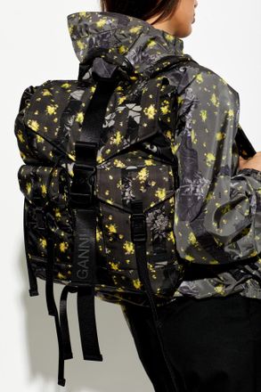 Ganni Backpack With Floral Motif, Womens, Grey