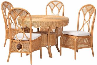 Baxton Studio Tony 5Pc Natural Rattan Dining Set With Round Scalloped Edge Table & 4 Chairs