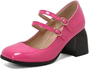 Generic Womens Square-Toe Platform Heels - Double Buckle Strap Chunky Heel Pumps for Spring Autumn Work & Daily Wear,Pink,7.5 UK