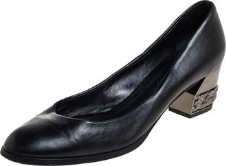 Casadei Black Leather Chain Embellished Block Heel Pumps