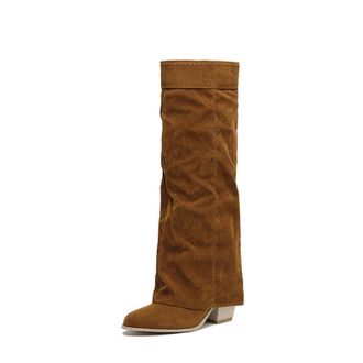 Generic Womens Pull on Slouch Knee High Boots Chunky High Heel Long Boots Pointed Toe Faux Suede Knight Boot,Brown,3.5 UK