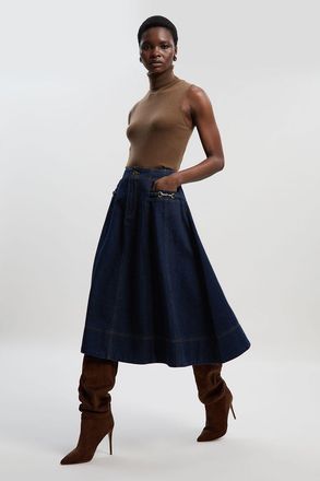 Karen Millen Womens Denim Snaffle Full Midi Skirt - Indigo Blue Viscose - Size 12 UK