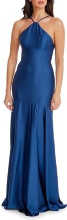 Dress The Population Justine Halter Satin Trumpet Gown in Cobalt at Nordstrom Rack, Size Medium