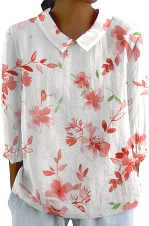 Generic Linen Shirts for Women UK Summer Lightweight 3/4 Sleeve Tshirts Cute Collared Tops Boho Casual Blouses