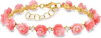 Ross-Simons Pink Coral and White Topaz Rose Bracelet in 18kt Gold Over Sterling