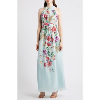 Eliza J Floral Halter Neck Maxi Dress in Mint at Nordstrom, Size 16