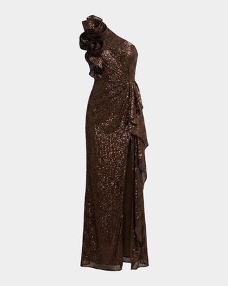 Mac Duggal One-Shoulder Sequined Column Gown