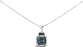 House of Brilliance 925 Sterling Silver 1/2 Cttw Blue Diamond with White Diamond Halo Block Pendant Necklace