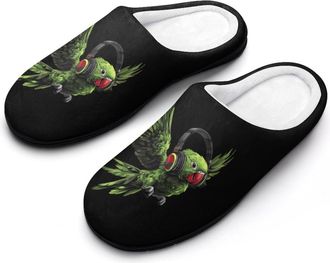 Generic Music Parrot with Headphone Womens Cotton Slipper Comfortable Cozy Plush Slippers Anti-Skid Indoor House Closed Toe Shoes