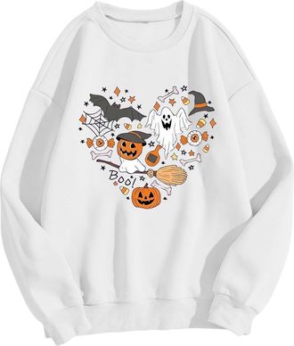 Generic Womens Seasonal Graphic Sweatshirt - Funny Pumpkin & Turkey Print Pullover, Soft Cotton Blend, Loose Fit Casual Top Oversized Loose Fall Top White