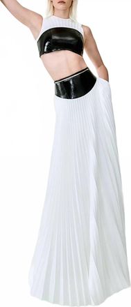 Brandon Maxwell Laurel Leather-Waist Pleated Maxi Skirt In Black/ White