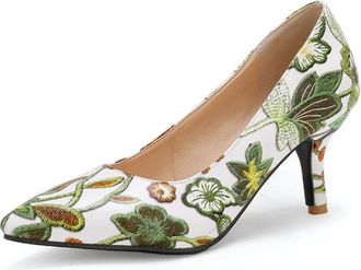 Generic Womens Floral Embroidery Pointed Toe Pumps Slim High Heel Colorful Pattern Refined Upper Cushioned Insole Elegant Structured Silhouette,Green,6.5 UK