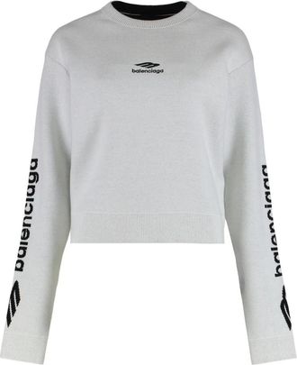 Balenciaga 3B Sports Icon Cropped Crewneck - Dames - Ronde hals truien - Wit - S - Wol - Truien & Vesten