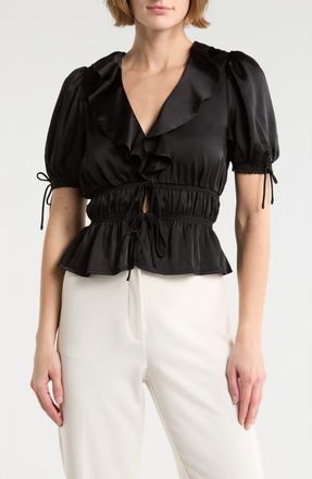 Wayf Ruffle Tie Front Top in Black at Nordstrom Rack, Size X-Large