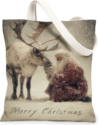 Generic Christmas Reindeer Canvas Tote Bags, Vintage Snow Scene Lightweight Washable Grocery Bags, Rustic Holiday Shoulder Strap Ca, Beige, 13x15 Inch