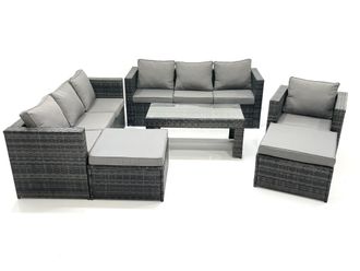 Fimous 9 Seater Rattan Garden Outdoor Furniture Set with 3 Seater Sofa Coffee Table 2 Big Footstool in Dark Grey