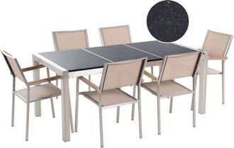 Beliani Conjunto De Comedor De Jard&iacute;n Beige Con Mesa 180 X 90 Cm De Granito Negro 6 Sillas Grosseto