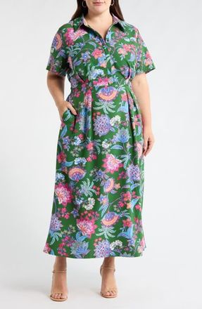 Sugarlips Elara Floral Marisy Collared Shirtdress in Emerald-Multi at Nordstrom, Size 1X