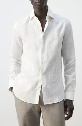 Mango Slim Fit Linen Button-Up Shirt in White at Nordstrom, Size X-Large
