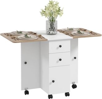 HOMCOM Homcom Mesa Plegable De Comedor, Mesa De Cocina Plegable, Con Ruedas, Alas Abatibles, 2 Cajones, Hasta 6 Personas, 120x60x76,5 Cm, Blanco Y Natural