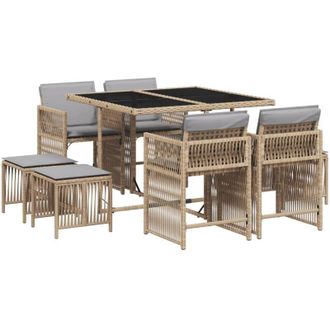 vidaXL Vidaxl - Set Comedor De Jard&iacute;n 9 Pzas Con Cojines Rat&aacute;n Sint&eacute;tico Beige