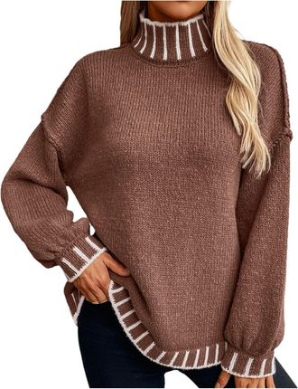 Generic Womens Pullover Casual Ladies Knit Sweatshirt Tops Autumn Knitted Jumper Loose Sweater Baggy Chunky Winter Basic Women Brown
