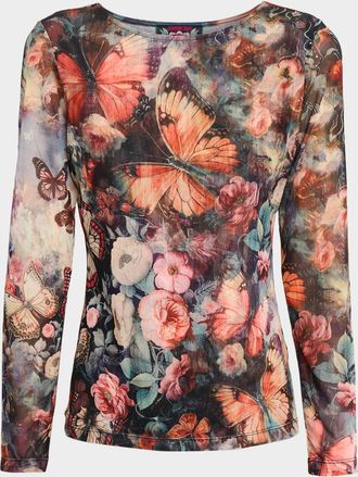 Johnny Was Floral-Print Mesh Top
