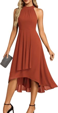 Ever-pretty Midi Halter Neck Chiffon Wedding Guest Dress with Sleeveless and A-Line Burnt Orange 8UK