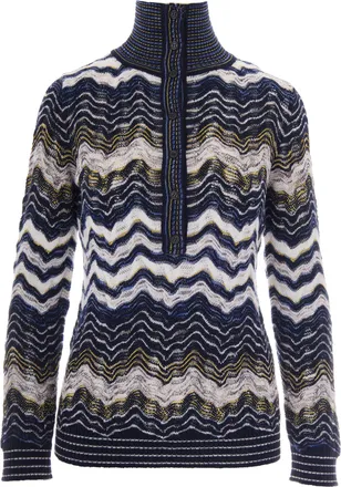 Missoni Mock Neck Knit Top with Multicolored Wavy Pattern