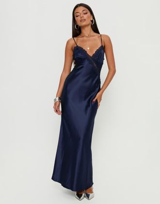 Princess Polly Madelene - Vestito lungo con spalline sottili in raso blu navy con finiture in pizzo