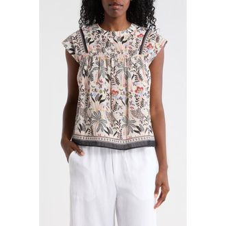 Elie Tahari Floral Smocked Cotton Top in Ivory Ground Multi Palm at Nordstrom Rack, Size X-Small